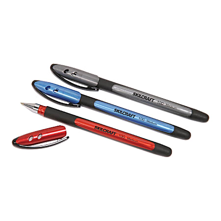 SKILCRAFT® 100 Rubberized Stick Pens, Fine Point, 0.7 mm, Black Barrel Black Ink, Pack Of 12