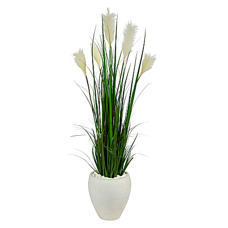 Nearly Natural Wheat Plume Grass 54”H Artificial Plant With Planter, 54”H x 18”W x 16”D, Green/White