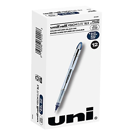 uni-ball® Vision™ Elite™ Liquid Ink Rollerball Pens, Bold Point, 0.8 mm, White Barrel, Blue/Black Ink, Pack Of 12