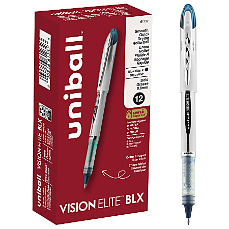 uni-ball® Vision™ Elite™ Liquid Ink Rollerball Pens, Bold Point, 0.8 mm, White Barrel, Blue/Black Ink, Pack Of 12