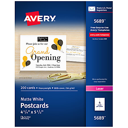 Avery® Laser Post Cards, 4 1/4" x 5 1/2", White, Box Of 200