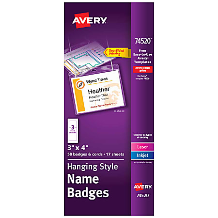 Avery® Customizable Hanging Style Name Badges, 74520, 3" x 4", White, Box Of 50