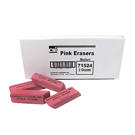 Charles Leonard Natural Rubber Wedge Erasers, Medium, Pink, 12 Erasers Per Box, Pack Of 3 Boxes