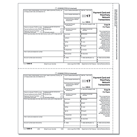 ComplyRight 1099-K Inkjet/Laser Tax Forms For 2017, Employee Copy B, 8 1/2" x 11", Pack Of 50
