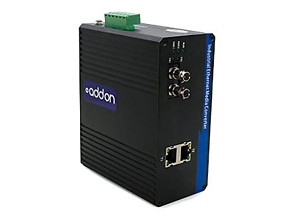 AddOn 100Mbs 2 RJ-45 to 1 ST Industrial Media Converter - Fiber media converter - 100Mb LAN - 10Base-T, 100Base-FX, 100Base-TX - RJ-45 / ST multi-mode - up to 12.4 miles - 1310 nm
