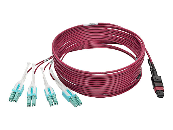 Eaton Tripp Lite Series 40G MTP/MPO to 4xLC Fan-Out OM4 Plenum-Rated Fiber Optic Cable, 40GBASE-SR4, Push/Pull Tabs, Magenta, 5 m - Patch cable - MTP/MPO multi-mode (M) to LC multi-mode (M) - 5 m - fiber optic - OM4 - plenum - magenta