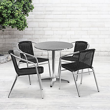 Flash Furniture Lila 5-Piece 27-1/2" Round Aluminum Indoor/Outdoor Table Set With Rattan Chairs, Black