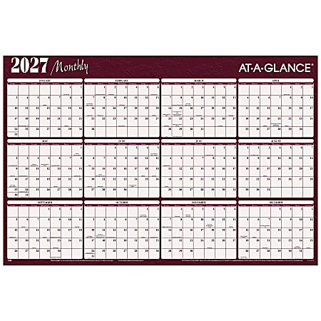 AT-A-GLANCE® 2027 Horizontal Reversible Erasable Yearly Wall Calendar, Red and Blue, Extra Large, 48" x 32"