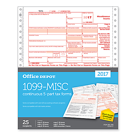 Office Depot® Brand 1099-MISC Continuous Tax Forms, 5-Part, 9" x 11", Pack Of 25