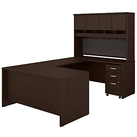 Bush Business Furniture Components 60"W U-Shaped Desk With Hutch And Mobile File Cabinet, Mocha Cherry, Premium Installation