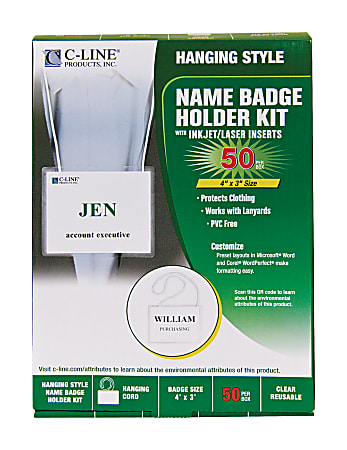 C-Line 92443 Specialty Name Badge Holder Kits, Rectangular, 4" x 3", Clear, 50 Per Box