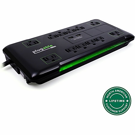 Plugable Surge Protector Power Strip with USB and 12 AC Outlets - Built-in 10.5W 2-Port USB Charger  - PS12USB2B