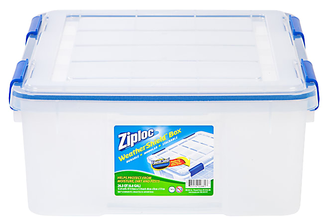 Ziploc Weathertight Plastic Storage Container With Built In Handles And Snap Lid 26.5 Quarts 7 110 x 15 45 x 19 710 Clear ODP Business Solutions