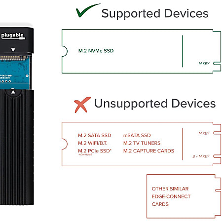 Plugable USB C to M.2 NVMe Tool free Enclosure USB C and Thunderbolt 3 Compatible up to USB 3.1 Gen 2 Speeds 10Gbps. Adapter Includes USB C and USB 3.0 Cables Driverless Office Depot