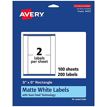 Avery® Permanent Labels With Sure Feed®, 94257-WMP100, Rectangle, 5" x 6", White, Pack Of 200