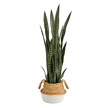 Nearly Natural Sansevieria 46”H Artificial Plant With Handmade Woven Planter, 46”H x 9”W x 9”D, Green/Tan White