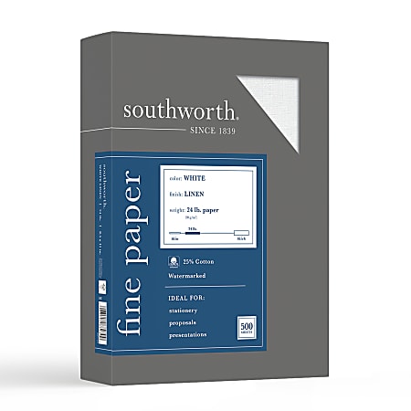 Southworth® 25% Cotton Linen Business Paper, 8 1/2" x 11", 24 Lb, 55% Recycled, FSC® Certified, White, Box Of 500