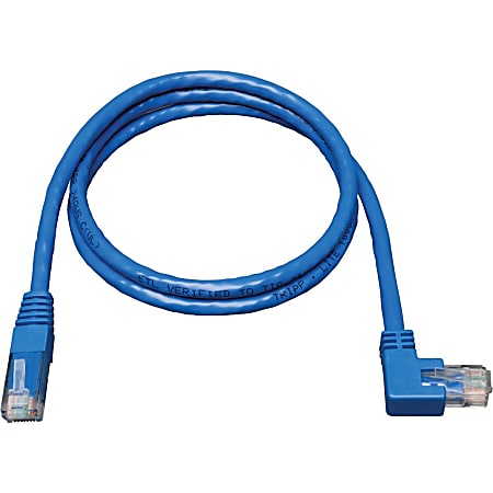 Tripp Lite 3ft Cat6 Gigabit Molded Patch Cable RJ45 Right Angle to Straight M/M Blue 3' - Category 6e for Network Device - 3ft - 1 x RJ-45 Male Network - 1 x RJ-45 Male Network - Blue
