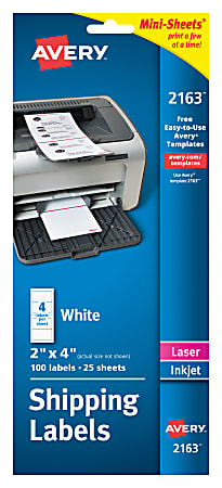 Avery® Inkjet/Laser Labels, 2163, Mini-Sheets® Shipping, 2" x 4", Permanent, White, Pack Of 100