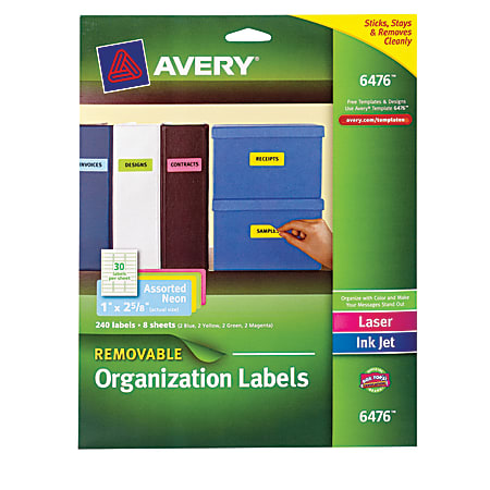 Avery® Removable Neon Organization Labels, 6476, 1"x 2 5/8", Assorted Colors, Pack Of 240