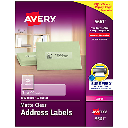 Avery® Easy Peel® Permanent Laser Address Labels, 5661, 1" x 4", Clear, Pack Of 1,000
