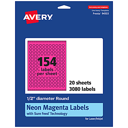 Avery® Print-To-The-Edge Labels With Sure Feed® Technology, 94503-NMP20, Round, 1/2", Matte Neon Magenta, Pack of 3080