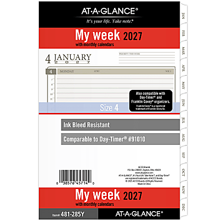 AT-A-GLANCE® 2027 Weekly Monthly Planner Refill, Loose-Leaf, Desk Size, 5 1/2" x 8 1/2"