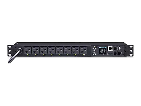 CyberPower PDU41002 Single Phase 100 - 120 VAC 20A Switched PDU - 8 Outlets, 12 ft, NEMA L5-20P (5-20P Adapter), Horizontal, 1U, SNMP, LCD- PDU41002