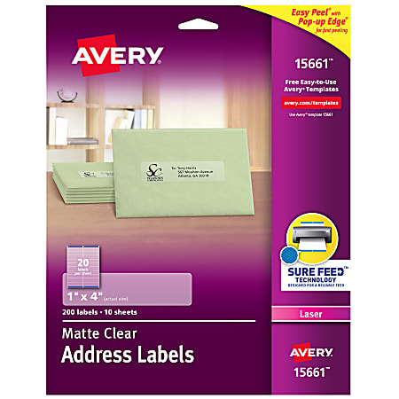 Avery® Easy Peel® Permanent Laser Address Labels, 15661, 1" x 4", Clear, Pack Of 200
