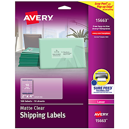 Avery® Matte Shipping Labels With Sure Feed® Technology, 15663, Rectangle, 2" x 4", Clear, Pack Of 100