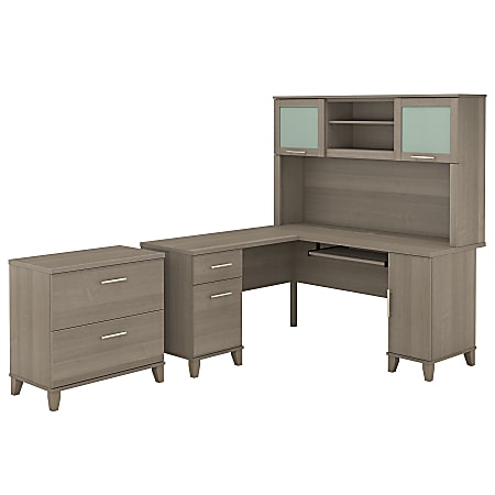 Bush Furniture Somerset L Shaped Desk With Hutch And Lateral File Cabinet, 60"W, Ash Gray, Standard Delivery