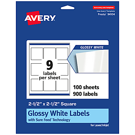 Avery® Glossy Permanent Labels With Sure Feed®, 94104-WGP100, Square, 2-1/2" x 2-1/2", White, Pack Of 900