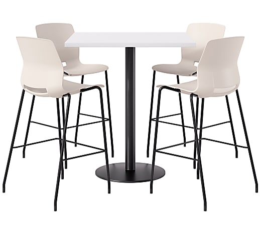 KFI Studios Proof Bistro Square Pedestal Table With Imme Bar Stools, Includes 4 Stools, 43-1/2”H x 36”W x 36”D, Designer White Top/Black Base/Moonbeam Chairs