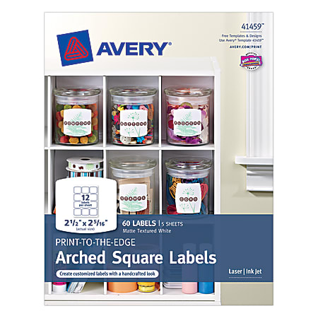 Avery® Permanent Print-to-the-Edge Arched Square Labels, 41459, 2 1/2" x 2 5/16", White, Pack Of 60