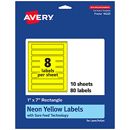 Avery® Print-To-The-Edge Labels With Sure Feed® Technology, 94225-NYP10, Rectangle, 1" x 7", Matte Neon Yellow, Pack of 80