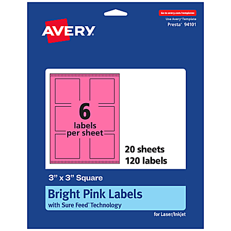 Avery® Print-To-The-Edge Labels With Sure Feed® Technology And Easy Peel® Label Feature, 94101-BPP20, Square, 3" x 3", Matte Bright Pink, Pack of 120