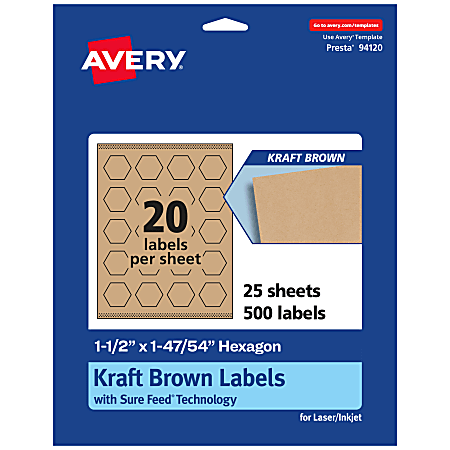 Avery® Kraft Permanent Labels With Sure Feed®, 94120-KMP25, Hexagon, 1-1/2" x 1-47/54", Brown, Pack Of 500