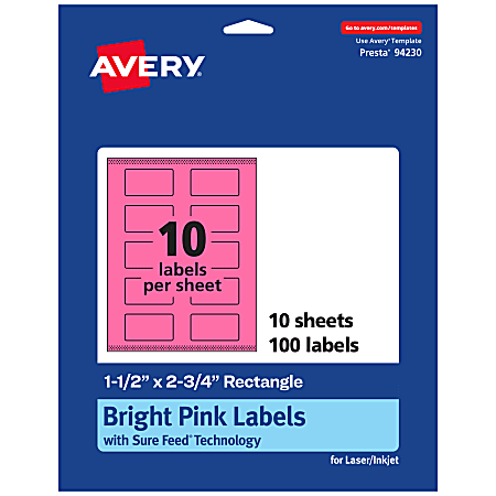 Avery® Print-To-The-Edge Labels With Sure Feed® Technology And Easy Peel® Label Feature, 94230-BPP10, Rectangle, 1-1/2" x 2-3/4", Matte Bright Pink, Pack of 100