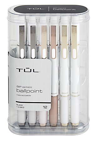 TUL® BP Series Retractable Ballpoint Pens, Medium Point, 1.0 mm, Pearl White Barrel, Black Ink, Pack Of 12 Pens