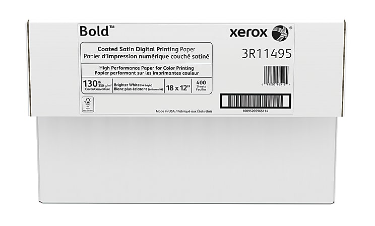 Xerox® Bold Digital™ Coated Satin Printing Paper, Tabloid Extra Size (18" x 12"), 94 (U.S.) Brightness, 130 Lb Cover (350 gsm), FSC® Certified, 200 Sheets Per Ream, Case Of 2 Reams