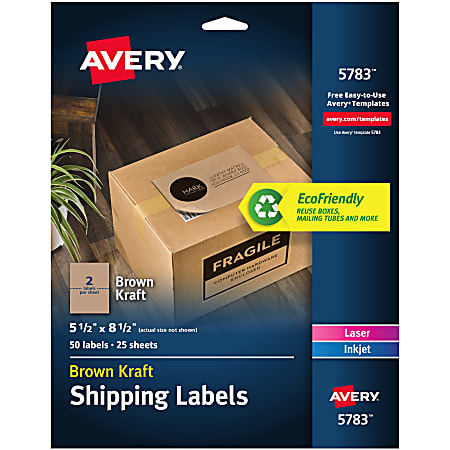 Avery® Permanent Inkjet/Laser Shipping Labels, 5783, 5 1/2" x 8 1/2", 100% Recycled, Kraft Brown, Pack Of 50