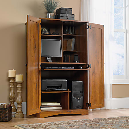 Sauder harvest mill computer desk with hutch top