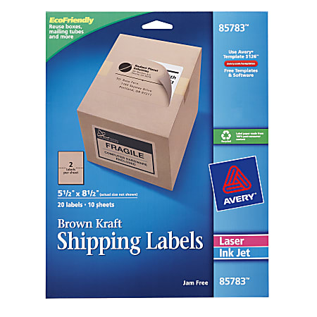 Avery® Brown Kraft Inkjet/Laser Shipping Labels, 100% Recycled , Pack Of 20