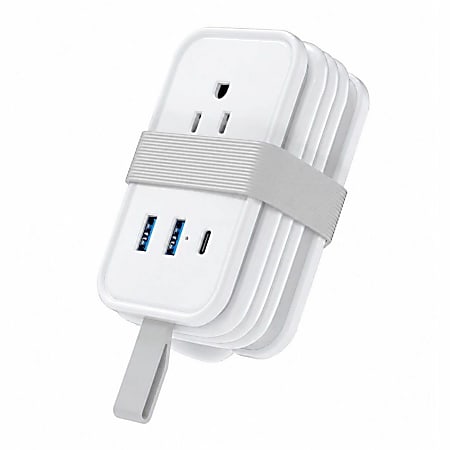 Portable Travel Power Strip with 3 Outlets, 2 USB Ports, 1 USB C Port  Flat Plug Travel Extension Cord with Multiple Outlets White