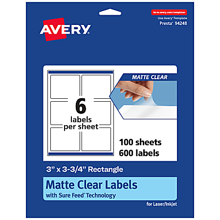 Avery® Permanent Labels With Sure Feed®, 94248-CMF100, Rectangle, 3" x 3-3/4", Matte Clear, Pack Of 600