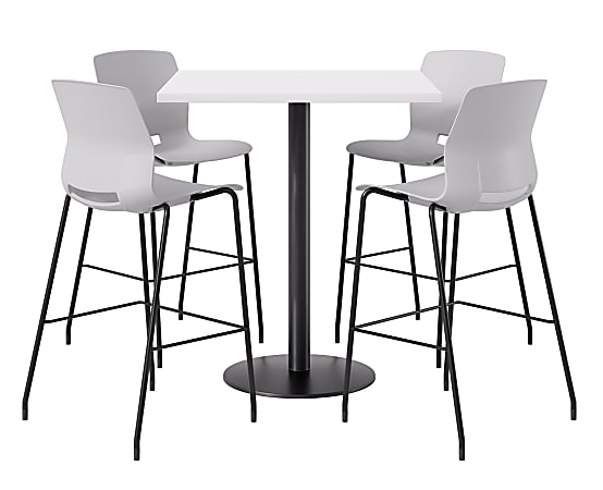 KFI Studios Proof Bistro Square Pedestal Table With Imme Bar Stools, Includes 4 Stools, 43-1/2”H x 42”W x 42”D, Designer White Top/Black Base/Light Gray Chairs