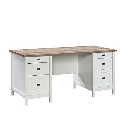 Sauder® Cottage Road 66”W Executive Double-Pedestal Computer Desk With Drawers, White/Lintel Oak