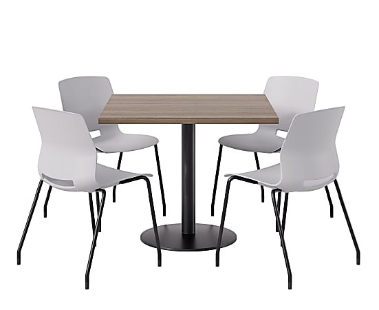 KFI Studios Proof Cafe Pedestal Table With Imme Chairs, Square, 29”H x 42”W x 42”W, Studio Teak Top/Black Base/Light Gray Chairs