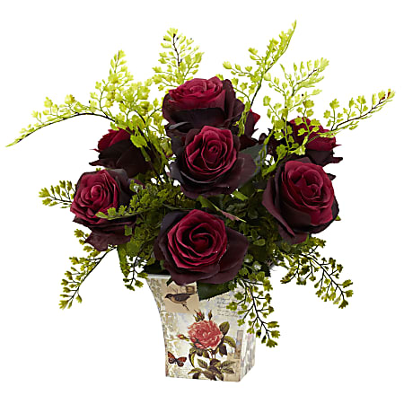 Nearly Natural Rose & Maiden Hair 13”H Artificial Floral Arrangement With Planter, 13”H x 14”W x 13”D, Burgundy