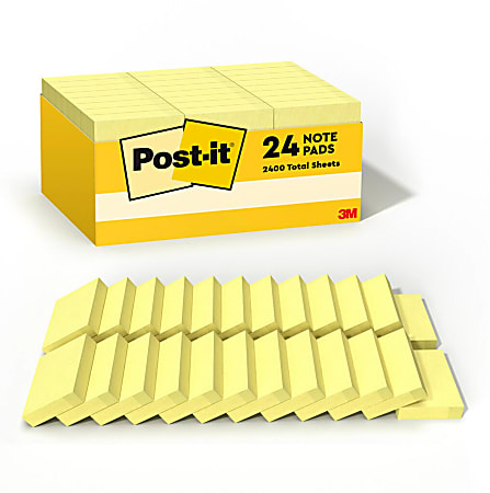 Post-it Notes, 1 3/8 in x 1 7/8 in, 24 Pads, 100 Sheets/Pad, Clean Removal, Canary Yellow